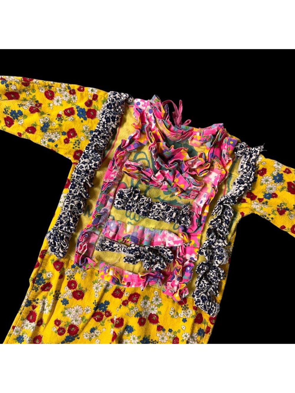 Vintage Handmade Toddler Clown Costume 1970s Yellow Floral Ruffles Patchwork